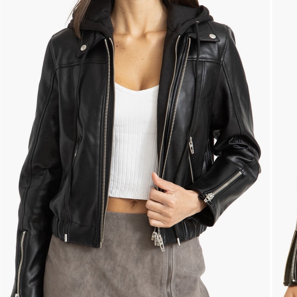 Blank NYC Faux Leather Bomber Jacket with removable hood